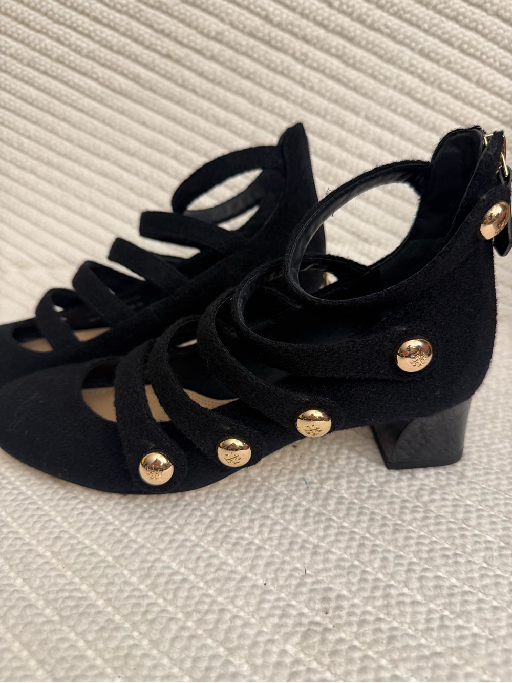 Tory Burch Black Suede Strappy Mid Heel Pumps with Gold Buttons
